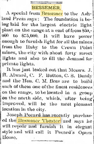 Bessemer Theater - June 28 1890 Article (newer photo)